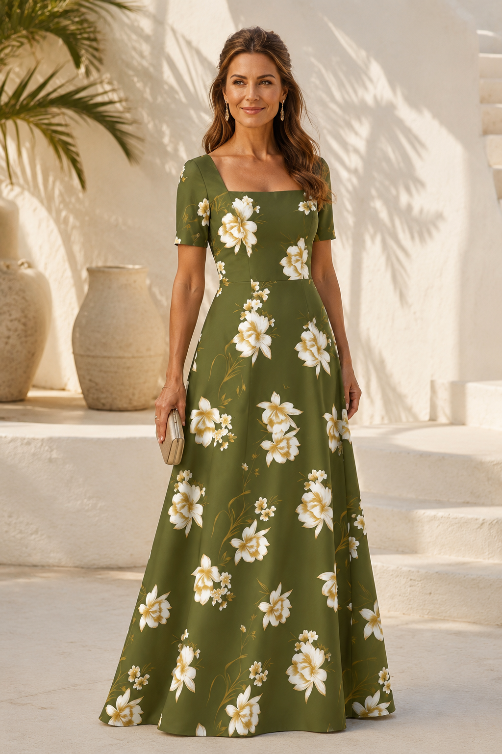 Maxivestido acampanado con escote cuadrado y estampado floral