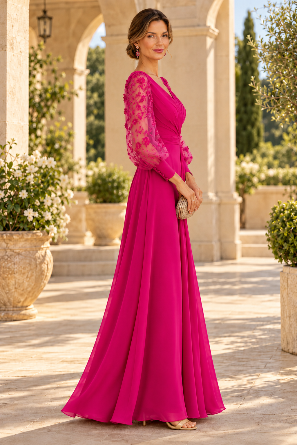 A-Line Gown with 3D Floral Bishop Sleeves