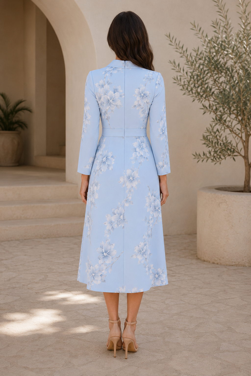 Vestido midi elegante con estampado floral y manga larga