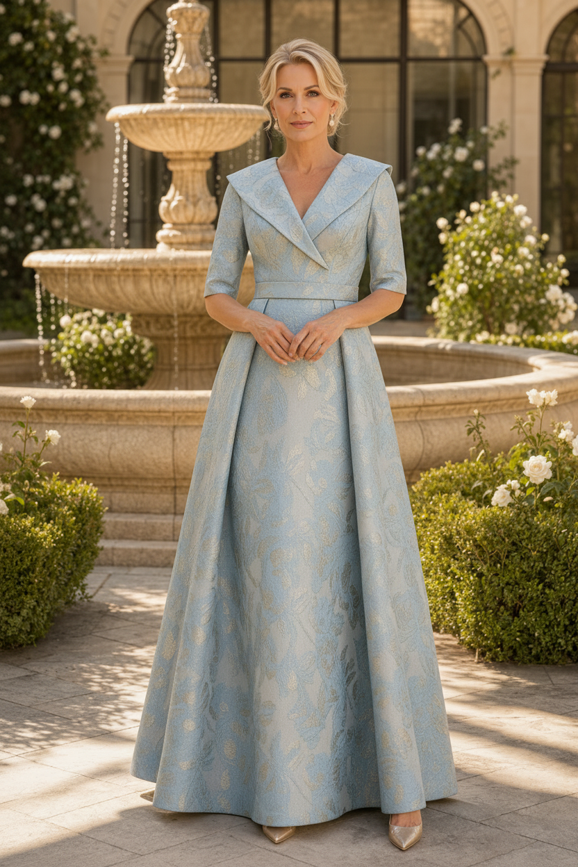 Vestido de gala línea A de brocado con cuello y mangas hasta el codo