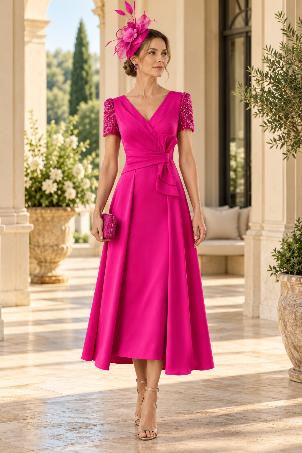 A-Line Tea-Length Dress with Beaded Sleeves