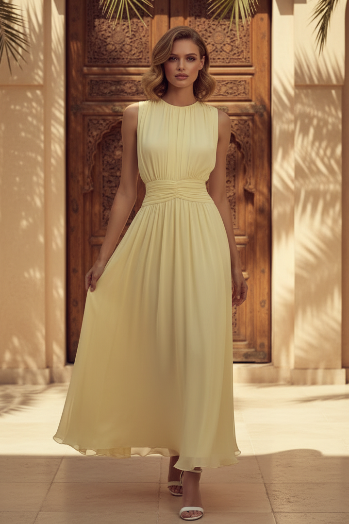 Vestido midi de chifón sin mangas con corte en A