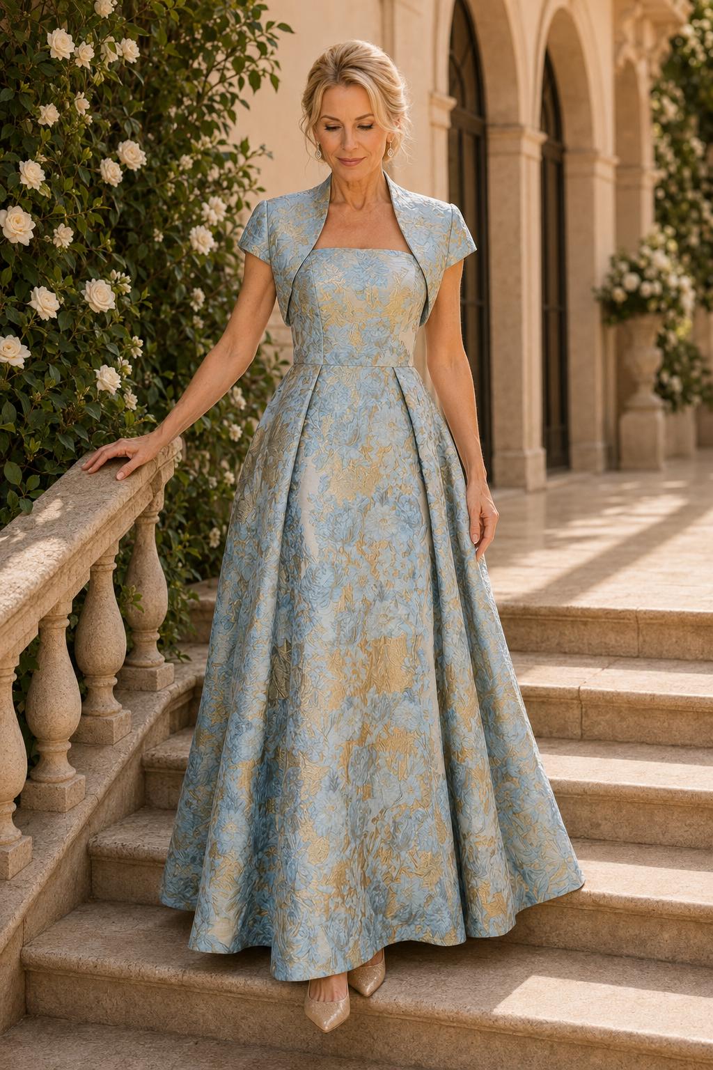 Vestido de fiesta formal brocado de corte A con bolero corto