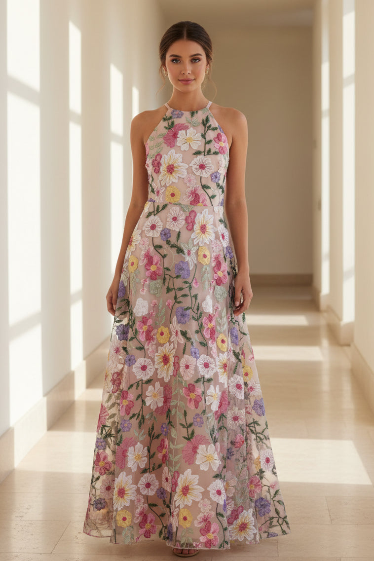 Vestido maxi con cuello halter floral bordado y corte en A