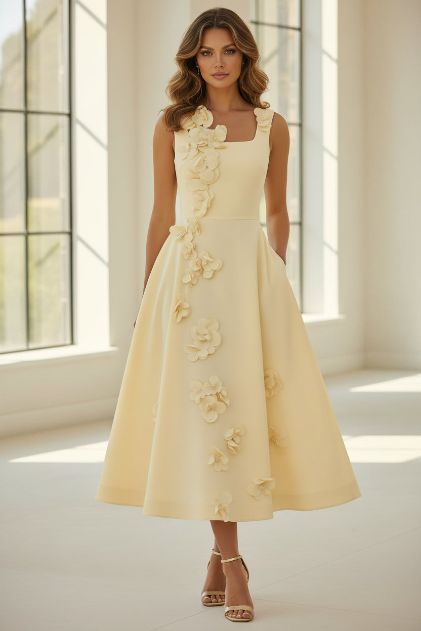 Vestido midi de cuello cuadrado con apliques florales
