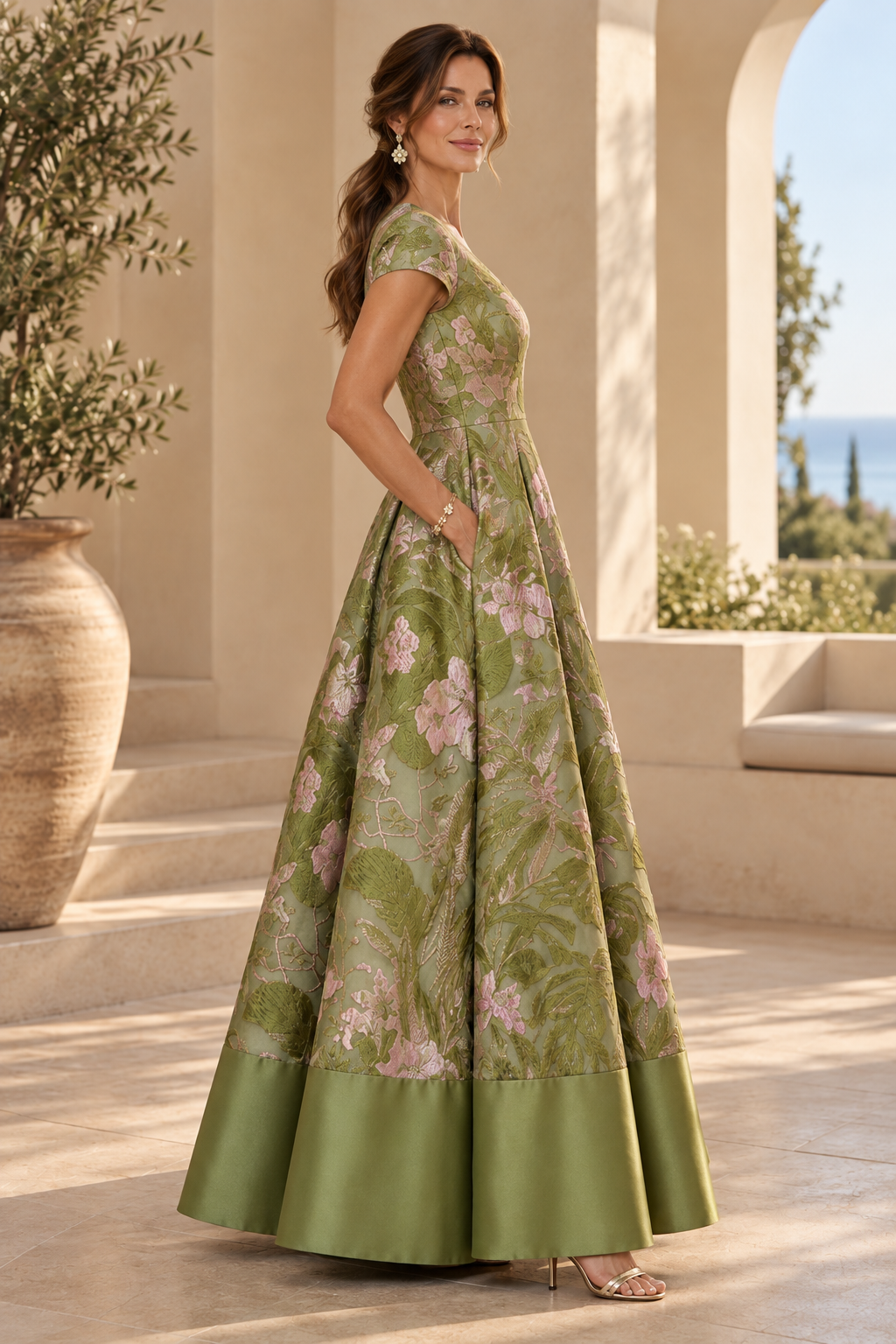 Floral Jacquard A-Line Gown with Cap Sleeves & Pockets