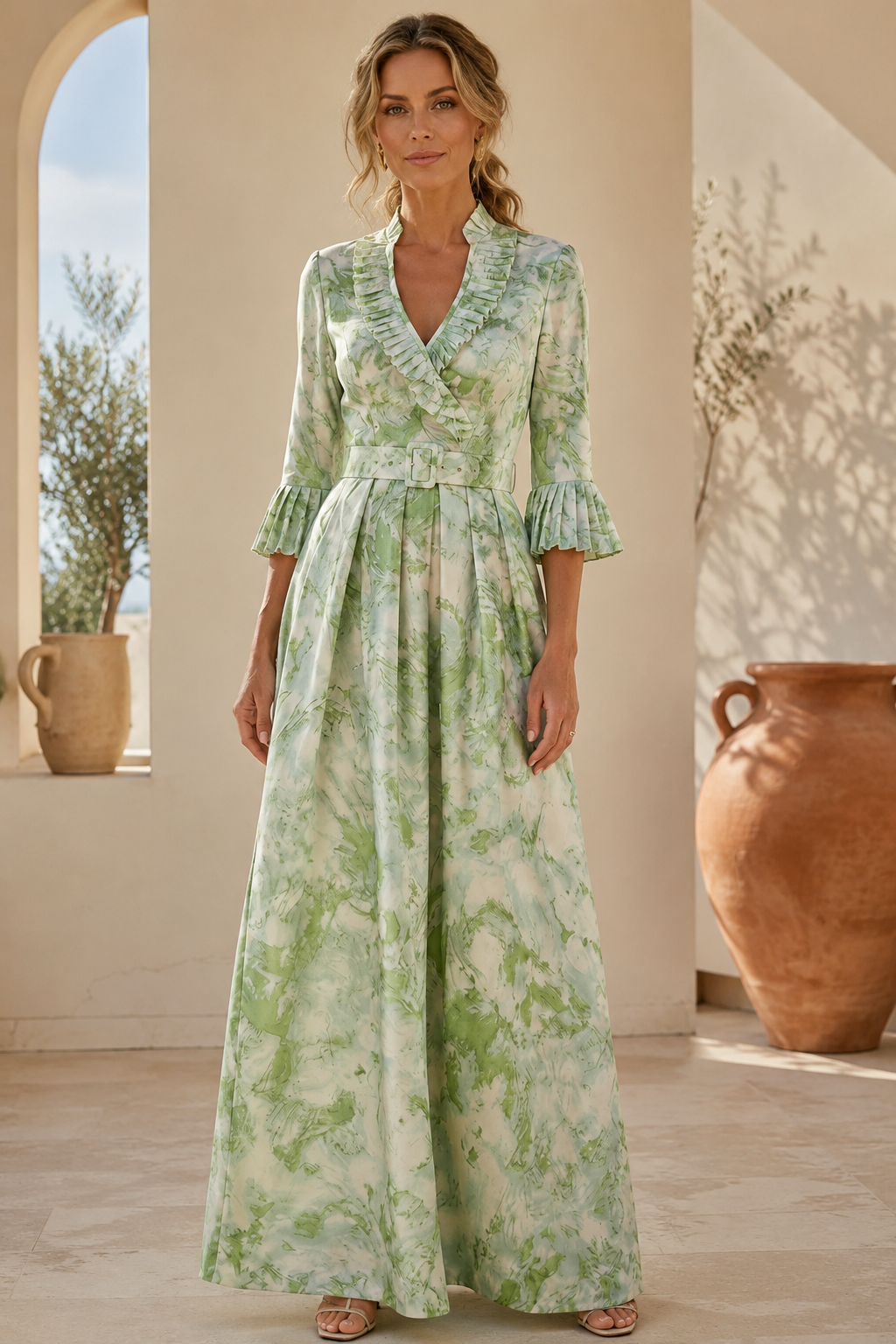 Vestido largo con volantes plisados, escote en V y cinturón