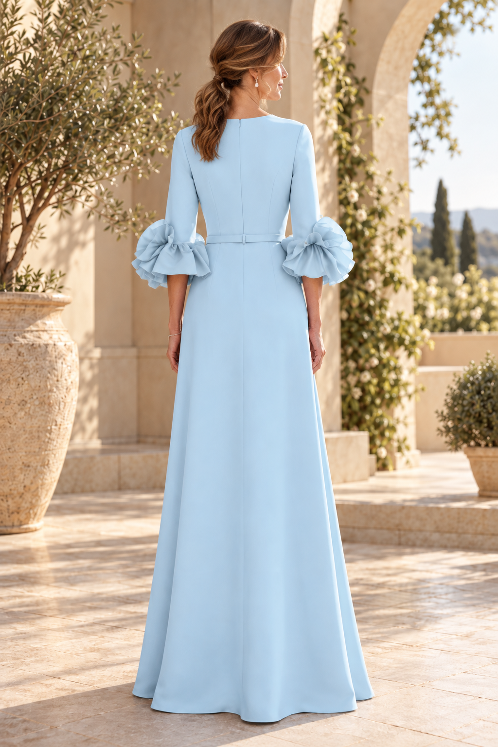 A-Line Maxi Dress with Belt and Ruffled Cuffs