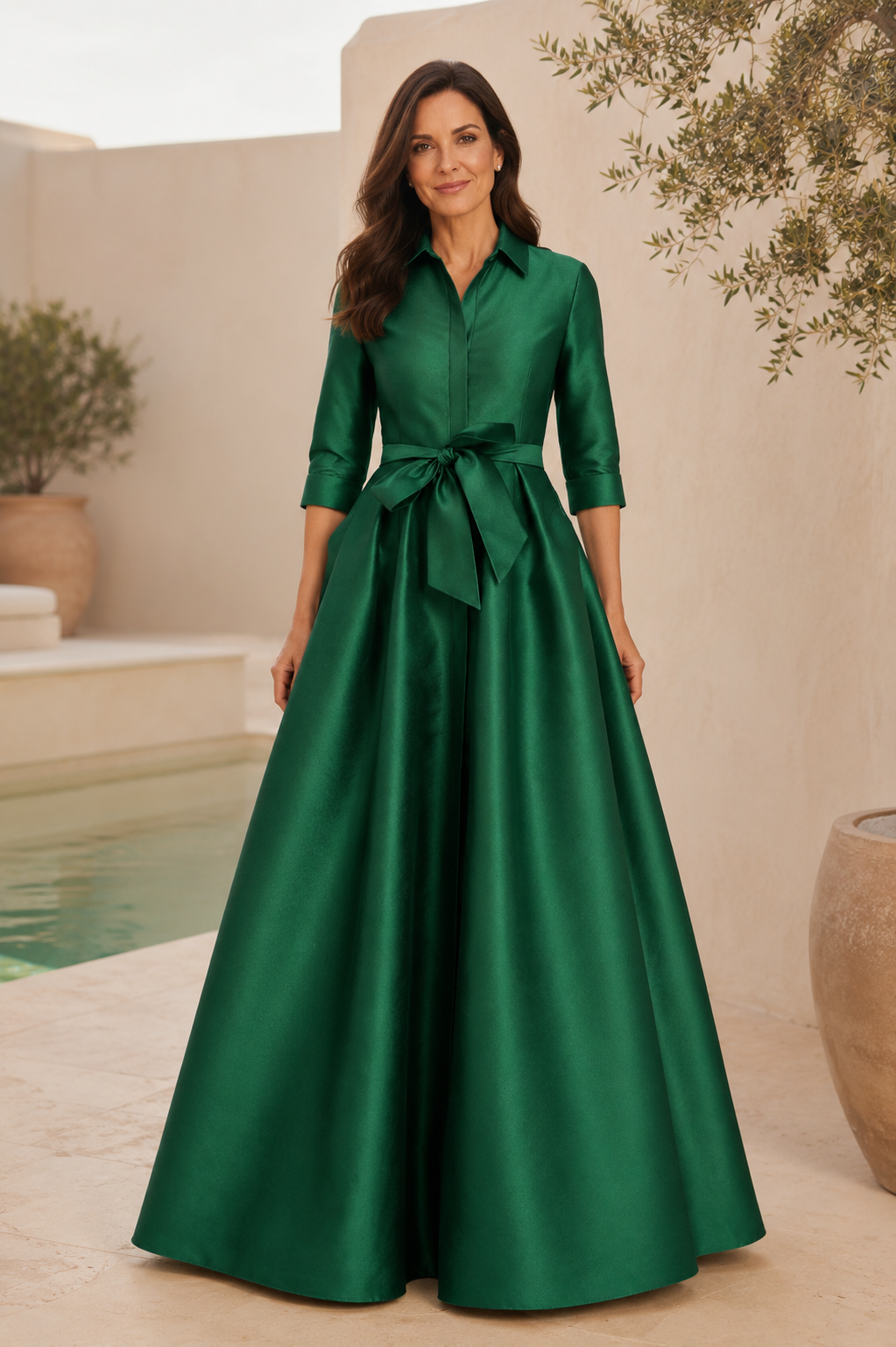 Vestido de Noche Camisero de Satén Esmeralda con Cinturón Anudado a la Cintura