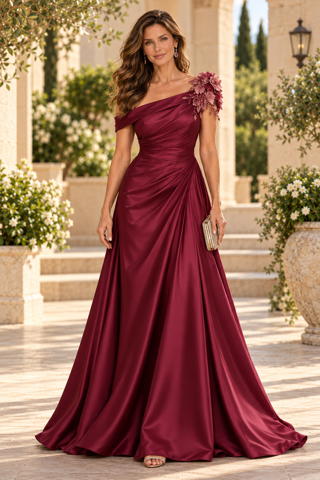 One-Shoulder Pleated Satin Gown with 3D Florals