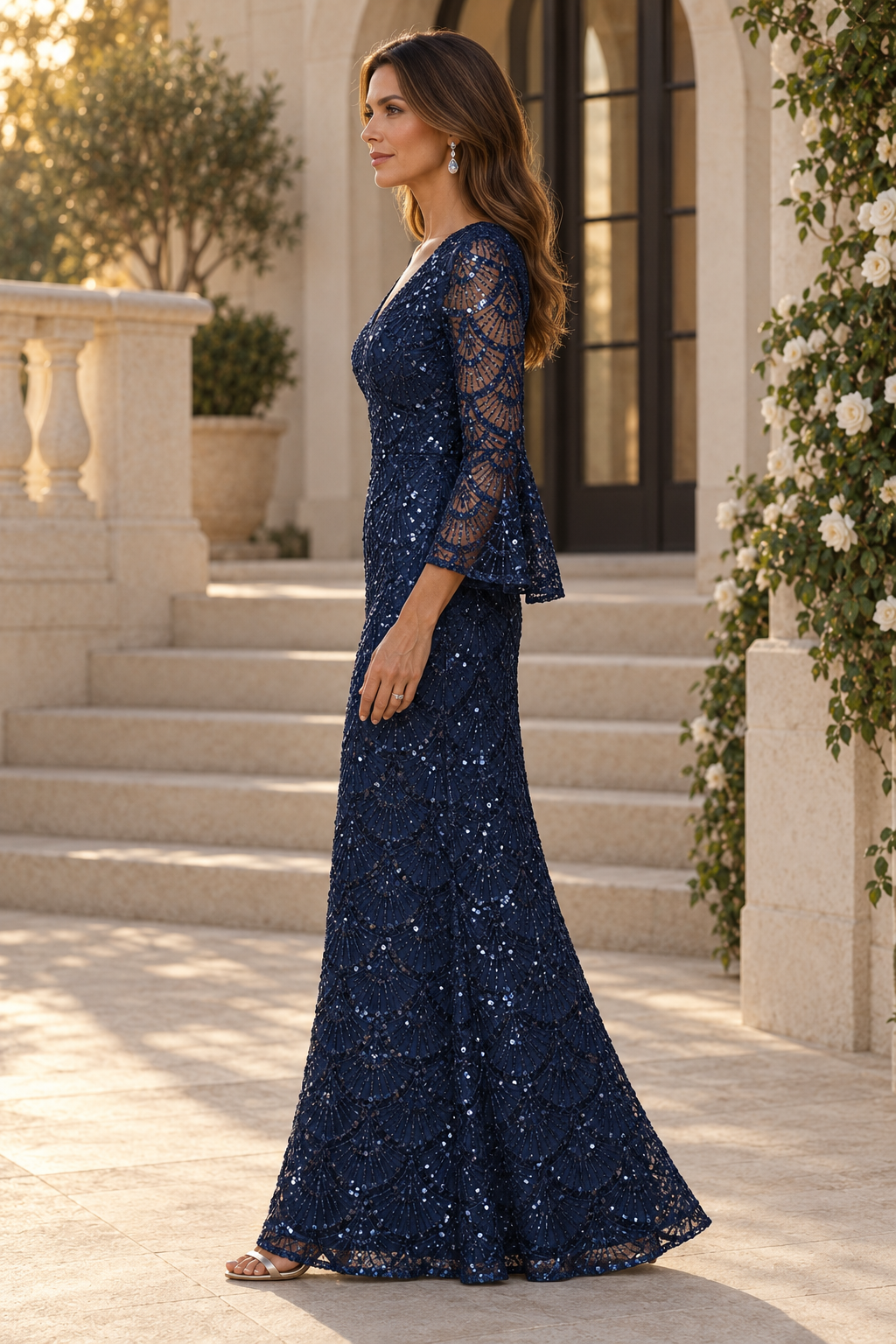 Vestido de noche de lentejuelas festoneado con mangas acampanadas