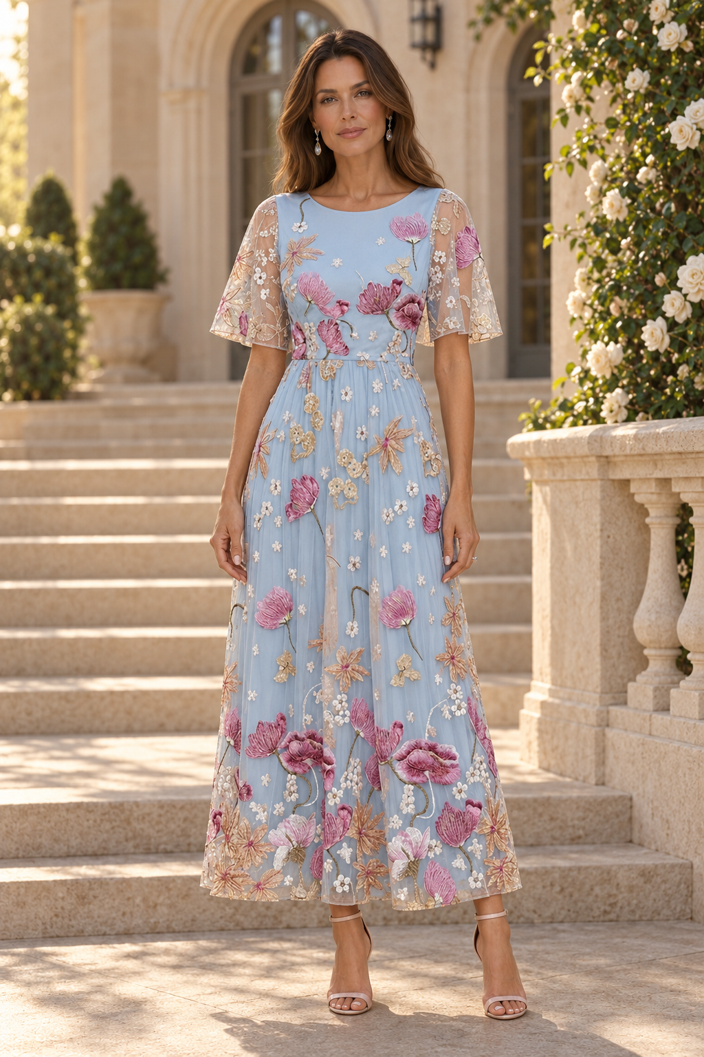 Vestido midi acampanado con mangas con volantes y bordado floral