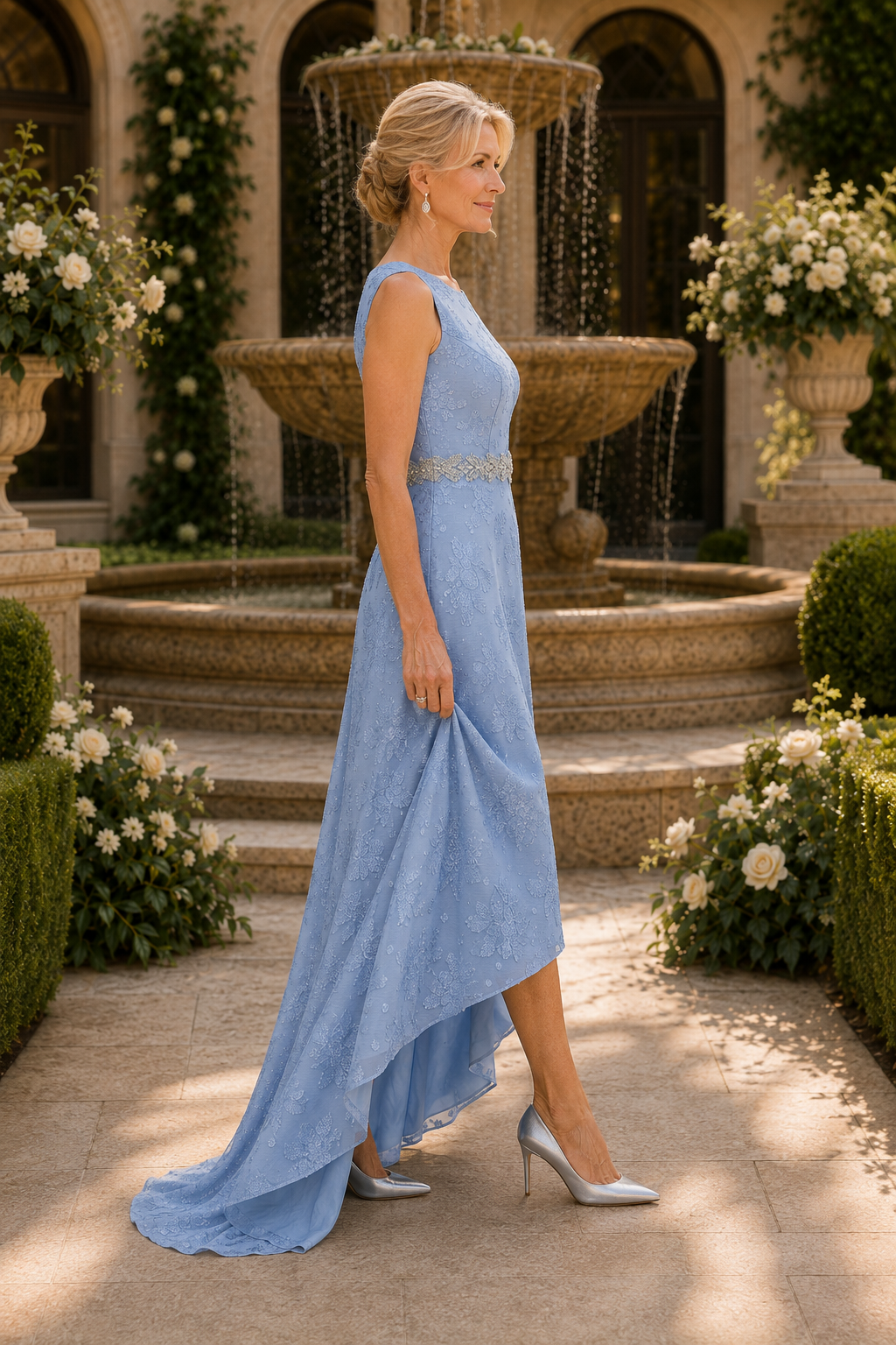 Vestido acampanado con dobladillo asimétrico de encaje floral y cintura de cuentas