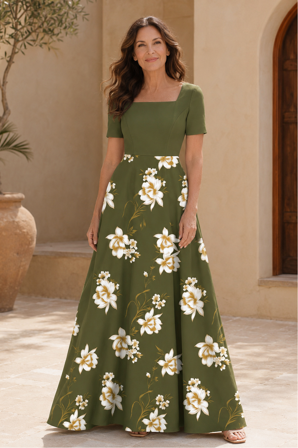 Elegante vestido maxi acampanado floral con escote cuadrado