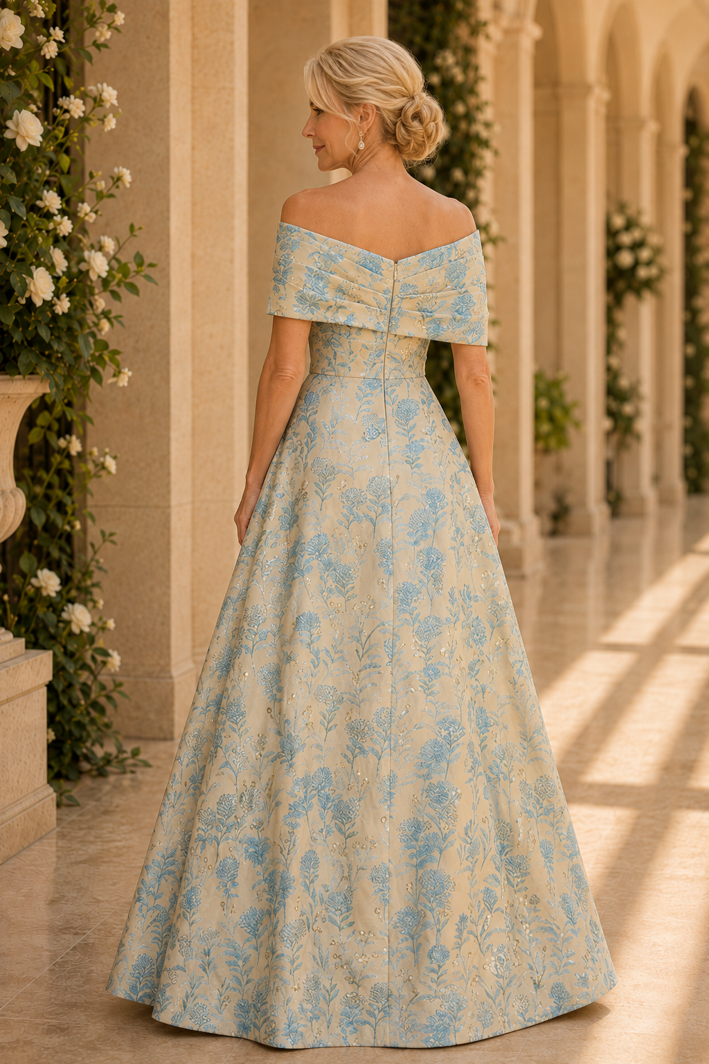 Vestido acampanado de jacquard floral con hombros descubiertos