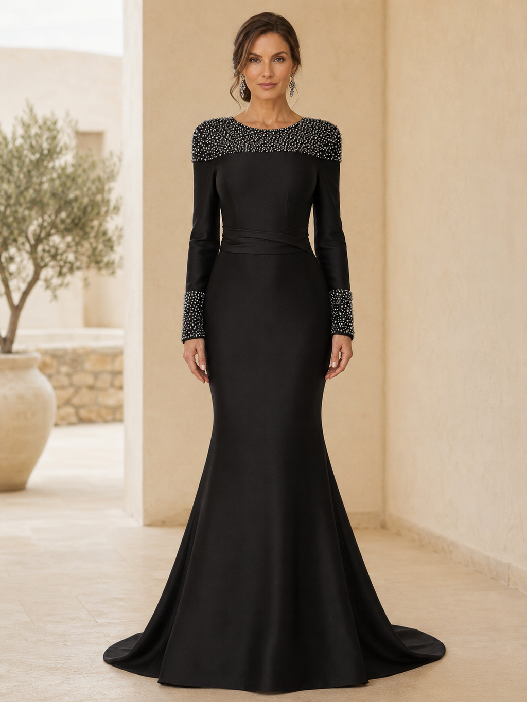 Vestido de noche largo de sirena con manga larga y pedrería