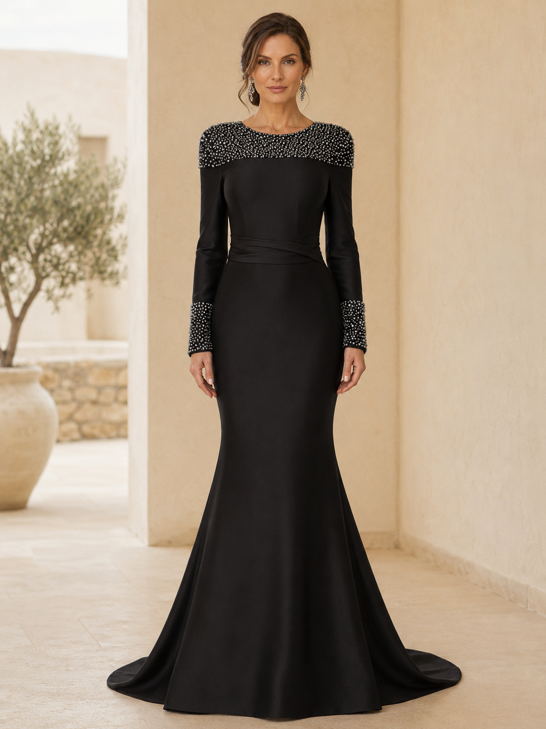 Vestido de noche largo de sirena con manga larga y pedrería