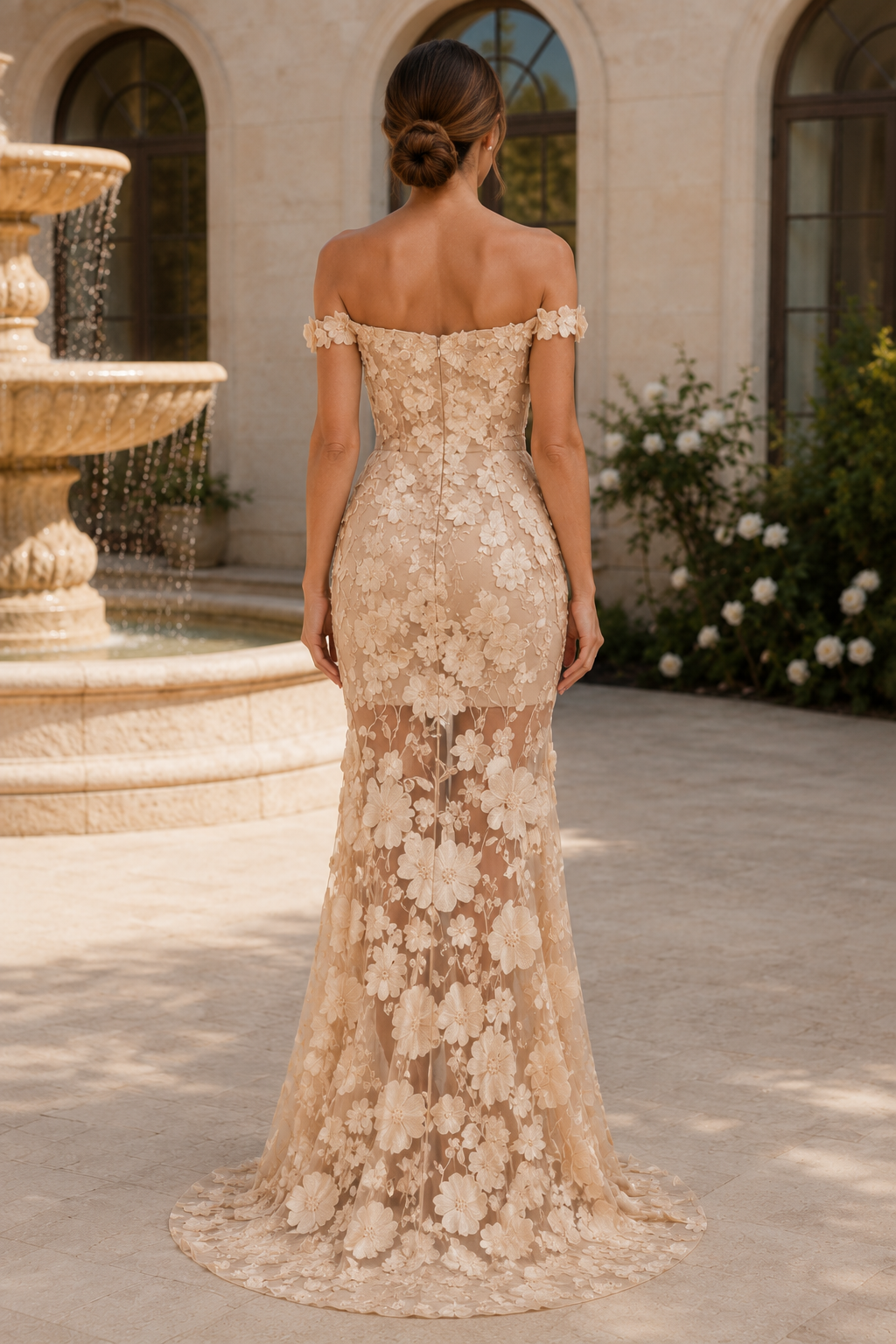 Vestido de sirena con apliques florales 3D y escote de hombros descubiertos