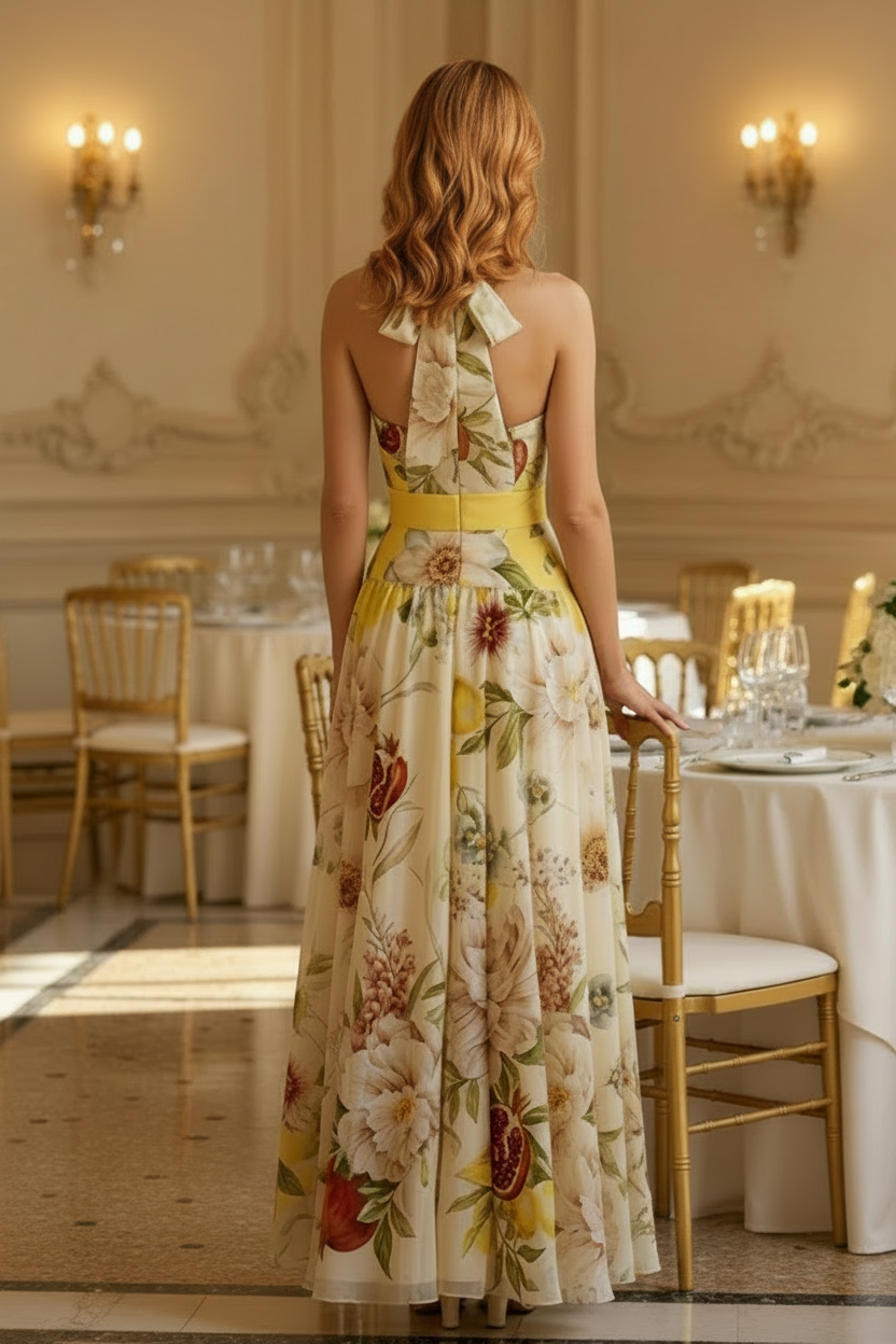 Vestido largo floral con escote halter y abertura