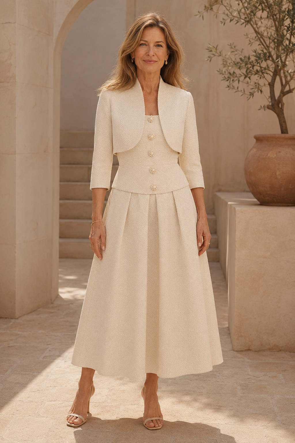 Conjunto de dos piezas de vestido midi acampanado y chaqueta corta