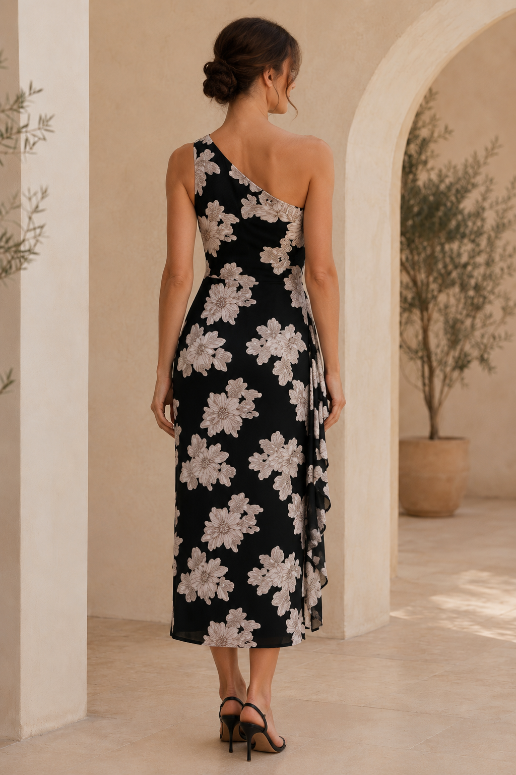 Vestido Midi Floral de un Hombro con Volante Lateral
