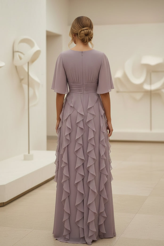 Vestido largo de gasa con volantes y mangas de mariposa