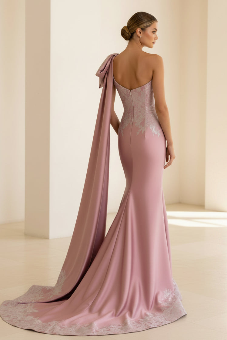 Vestido de sirena de jacquard metálico con un solo hombro