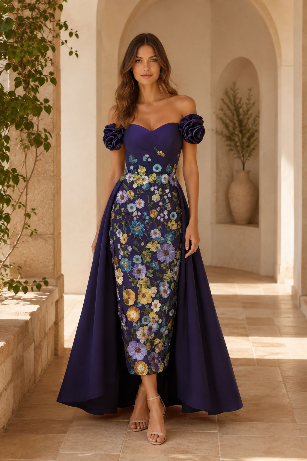 Vestido largo floral con hombros descubiertos, tirantes de roseta y sobrefalda
