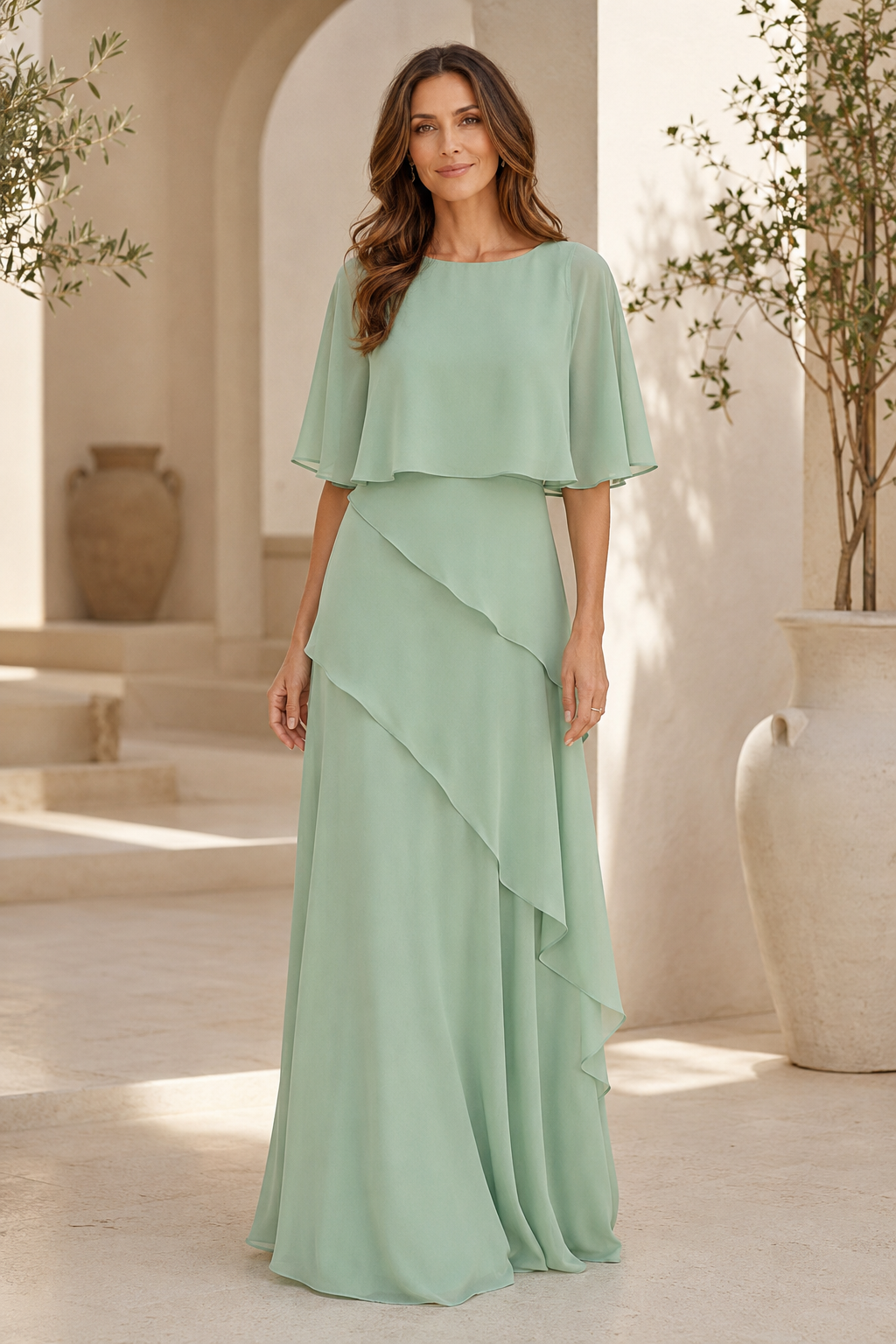 Vestido maxi asimétrico con volantes, mangas estilo capa de gasa