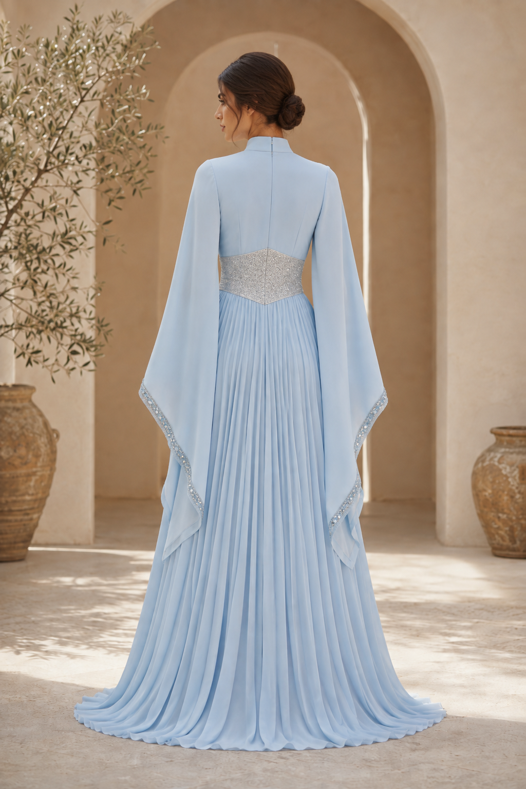 Vestido de Noche Acampanado de Gasa Plisada con Mangas Capa