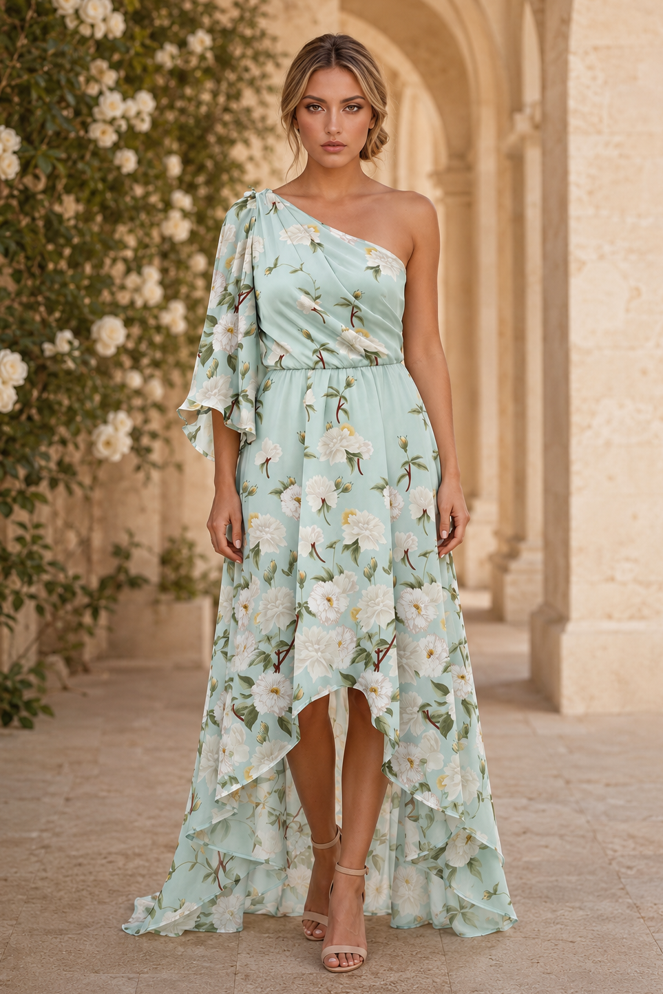Vestido maxi floral de un solo hombro con dobladillo alto-bajo
