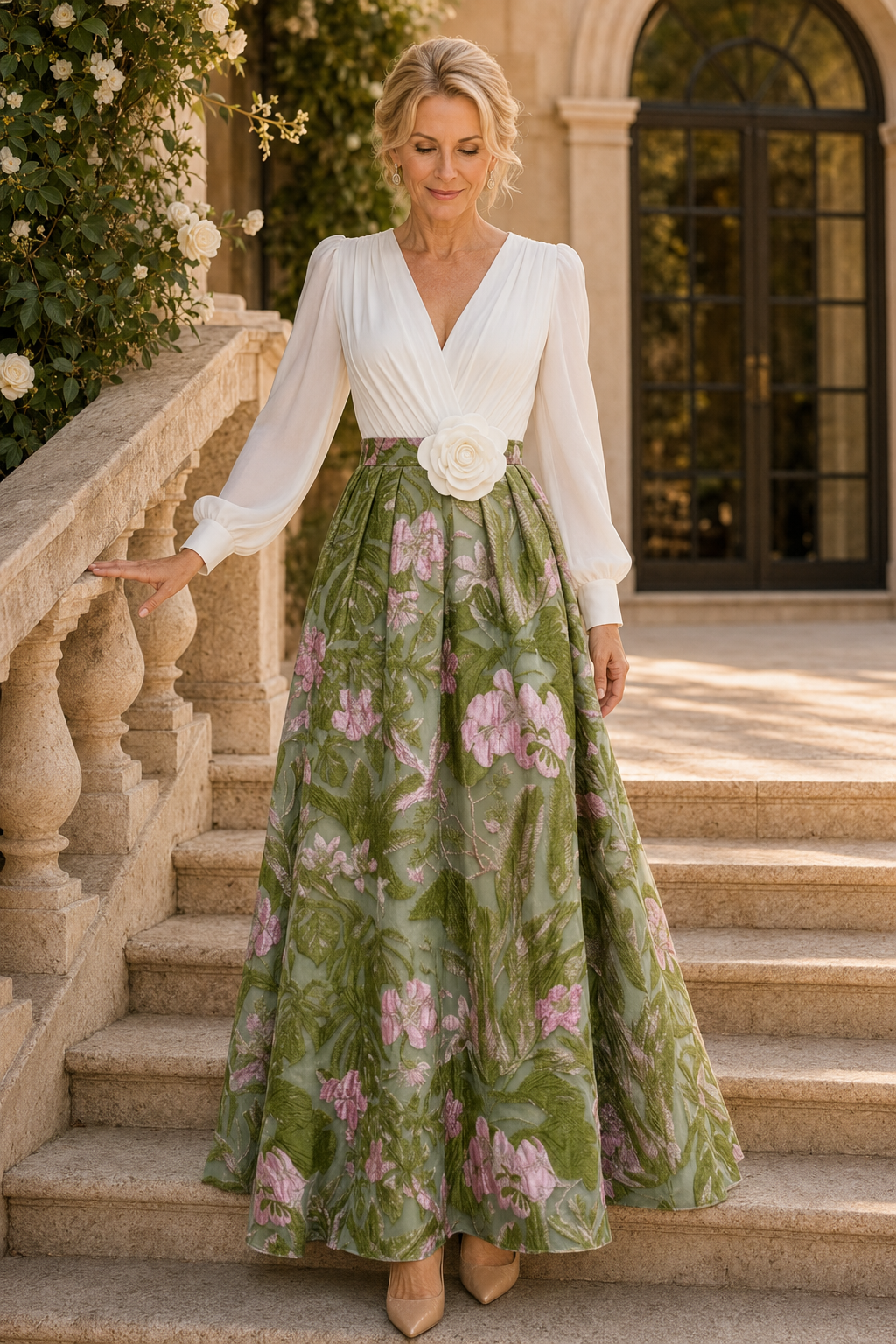 Vestido de gala jacquard de manga larga con flores 3D