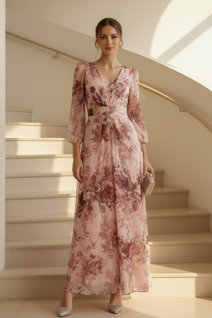Maxivestido cruzado de gasa floral con mangas 3/4