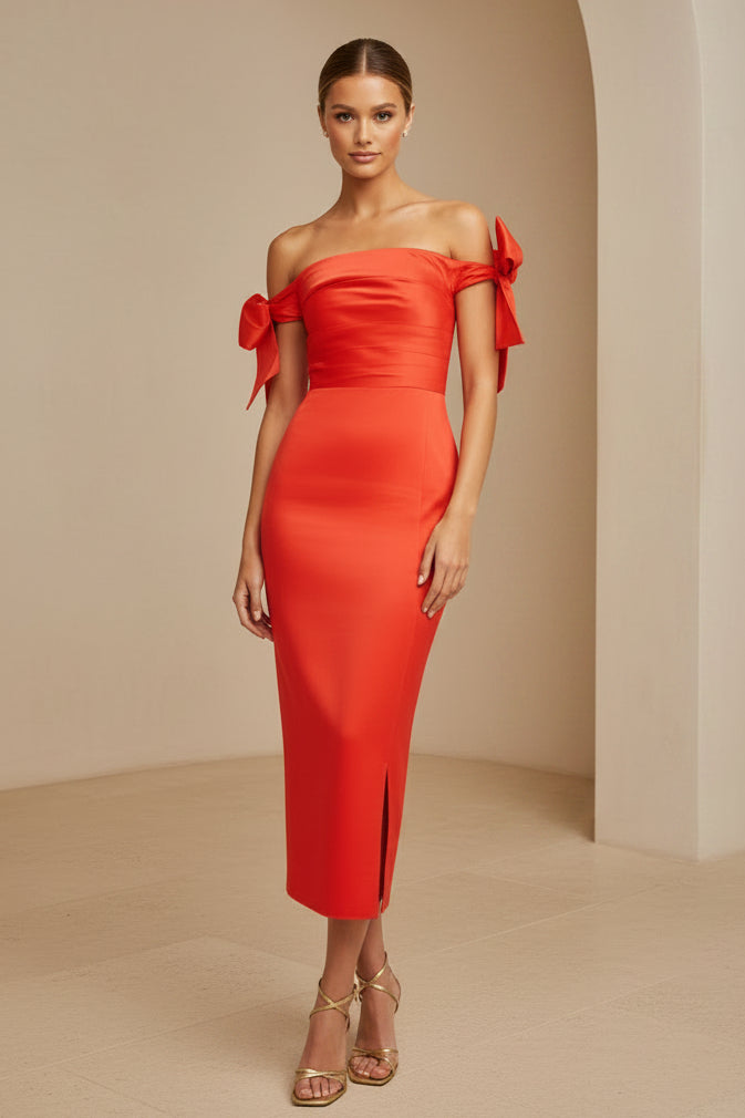 Vestido Midi con Hombros Descubiertos y Lazo