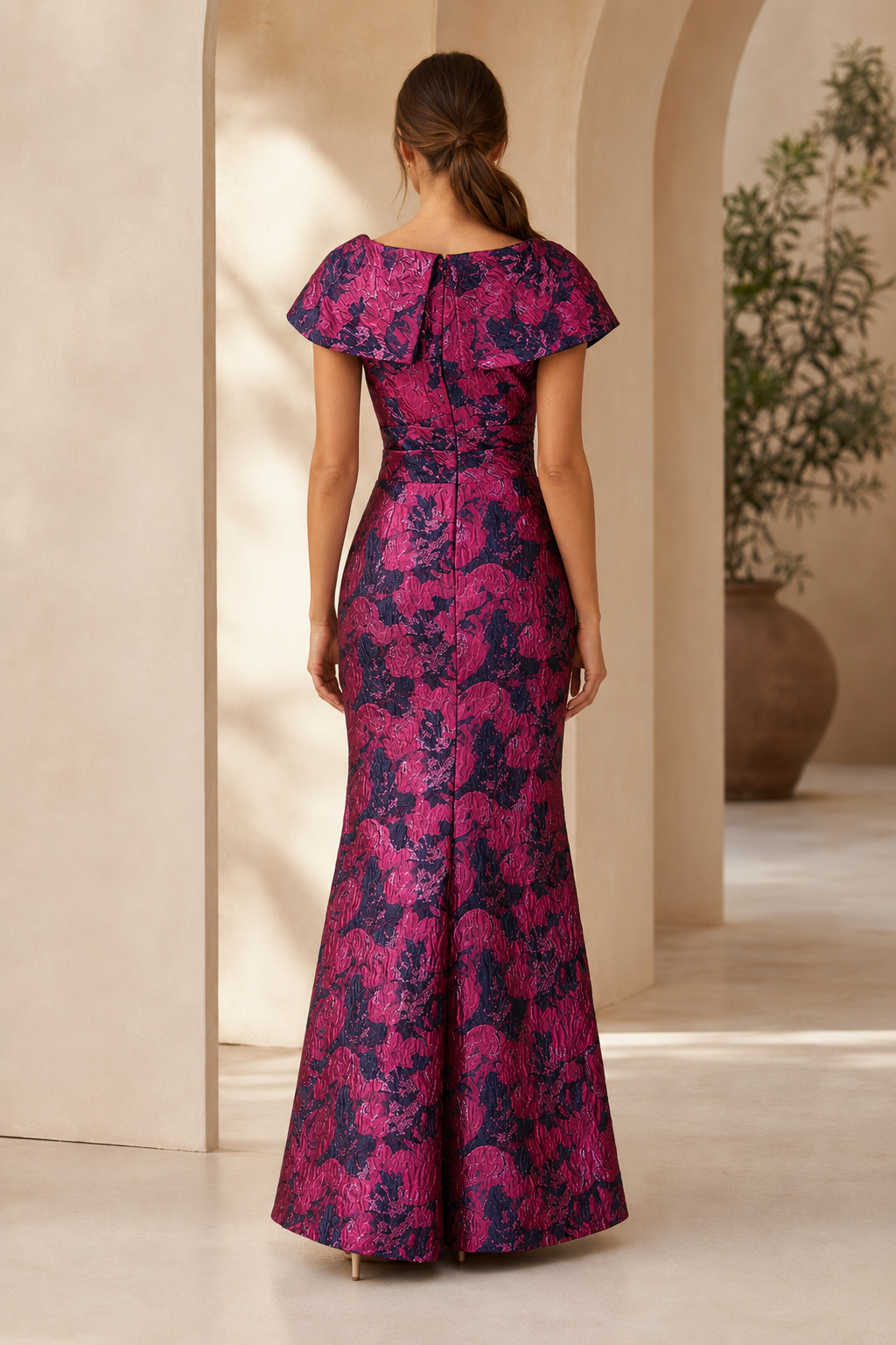 Vestido de noche de sirena de jacquard con hombros descubiertos