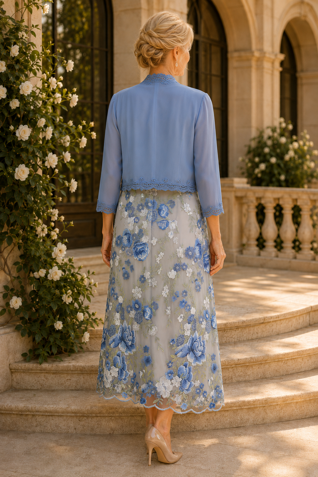 Vestido hasta la rodilla con bordados florales y torera
