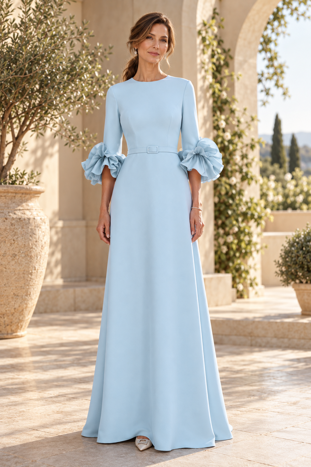 A-Line Maxi Dress with Belt and Ruffled Cuffs