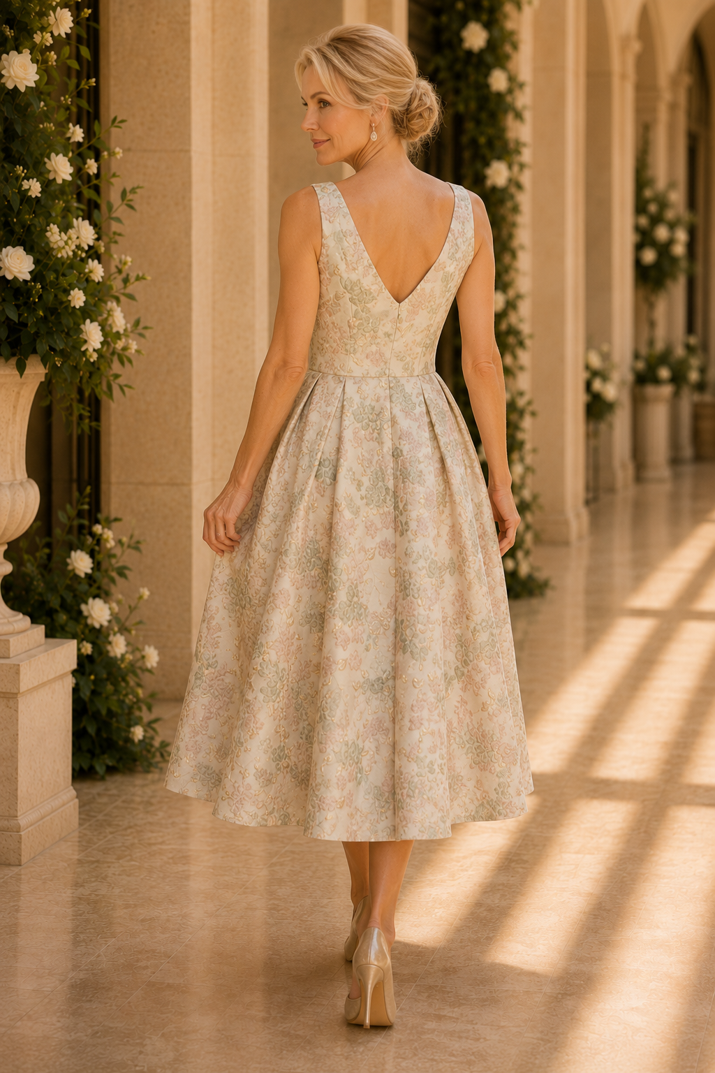 Vestido de largo midi con escote de pico, jacquard floral y lazo