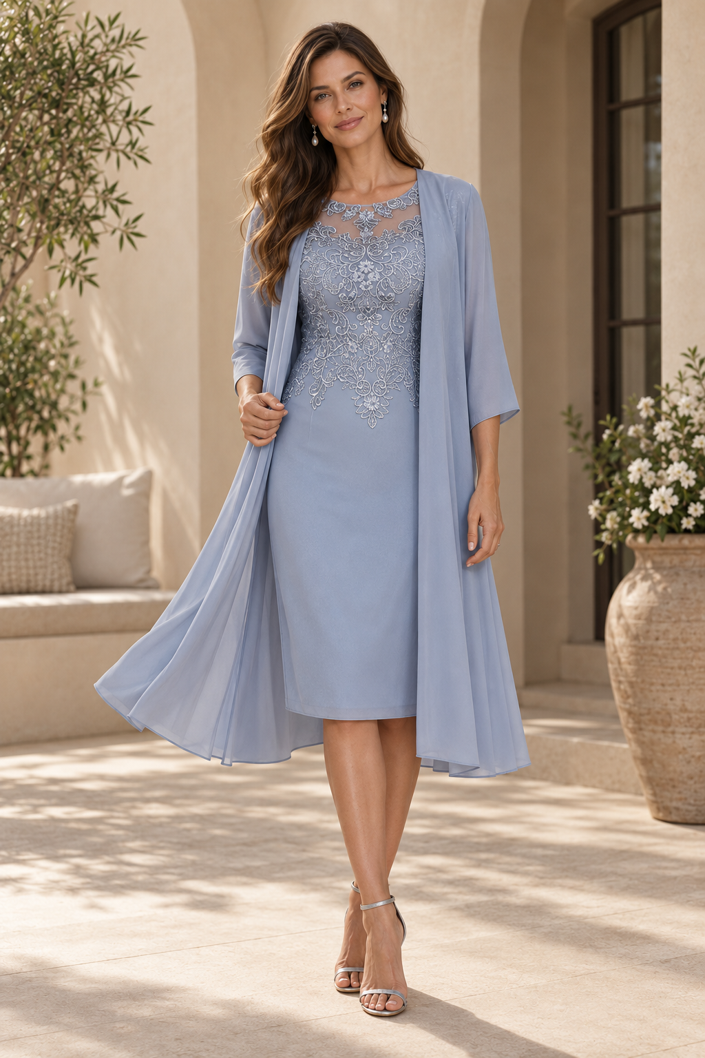 Embroidered Knee-Length Dress with Chiffon Jacket
