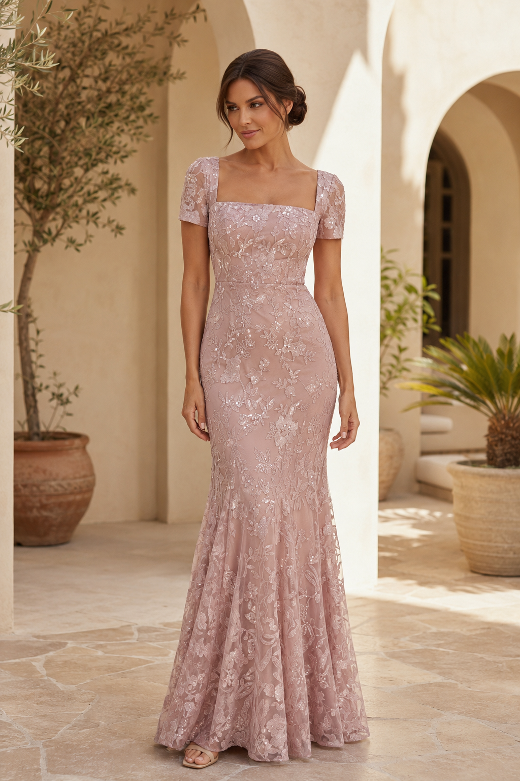 Vestido de sirena de encaje de manga corta con cuello cuadrado