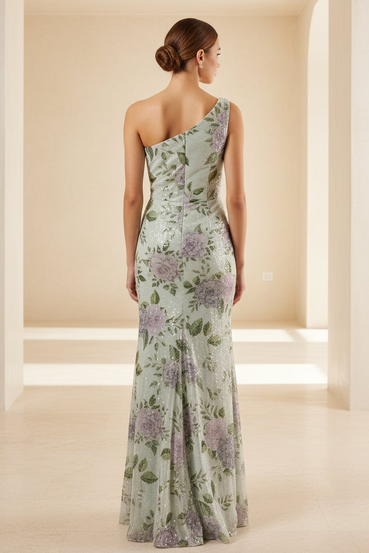 Vestido largo de lentejuelas florales con fruncido y un solo hombro
