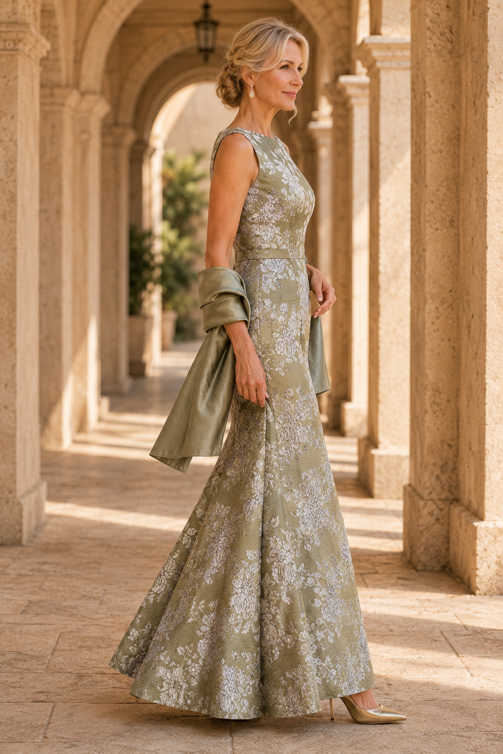 Vestido de noche de jacquard floral sin mangas con corte de trompeta