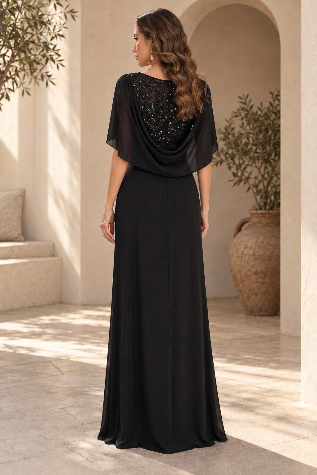 Pleated Square Neck Long Sleeve Evening Gown