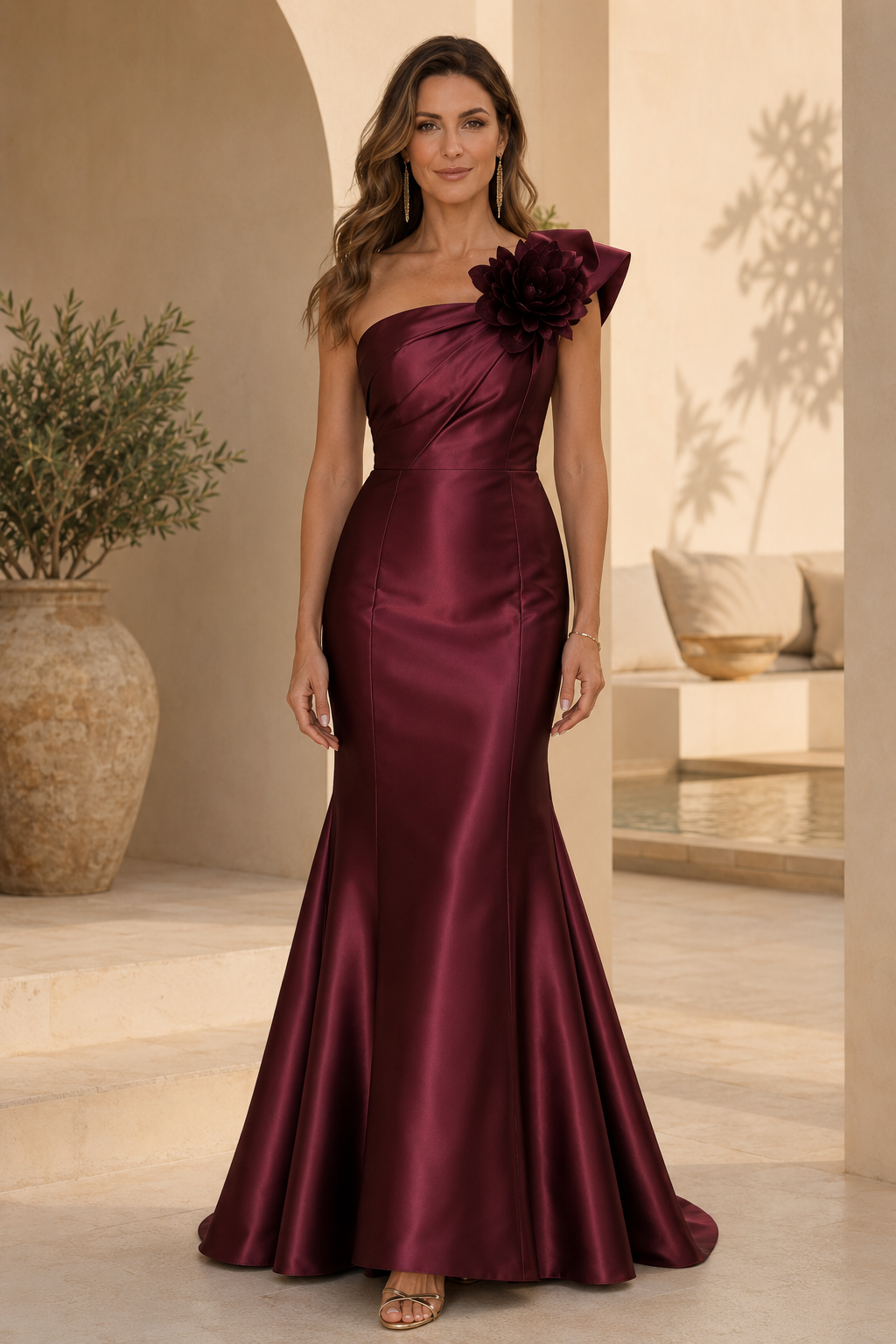 Vestido de satén corte sirena con un solo hombro y acento floral