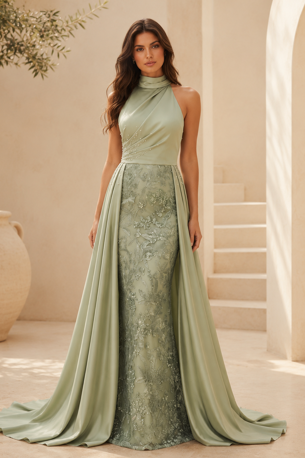 Vestido de noche de satén con cuello halter y falda de encaje
