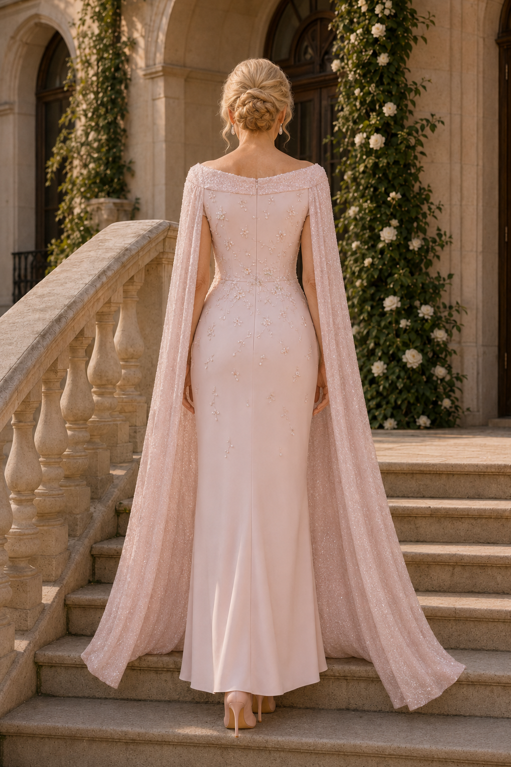 Vestido Columna con Cuentas y Capa Brillante