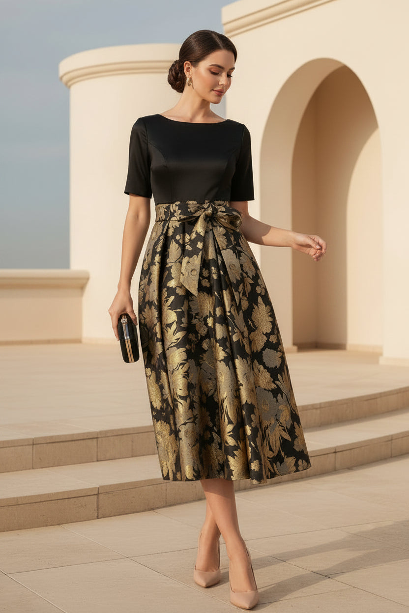 Vestido acampanado a media pierna de jacquard floral con lazo