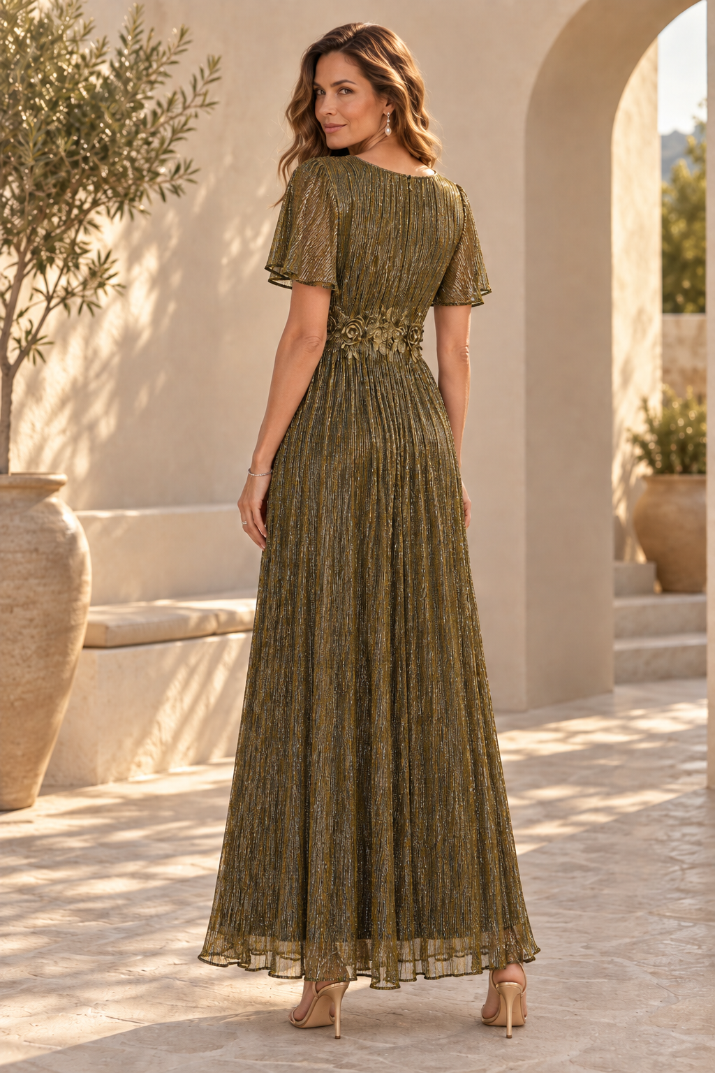 Pleated Metallic Maxi Dress with 3D Floral Waist
