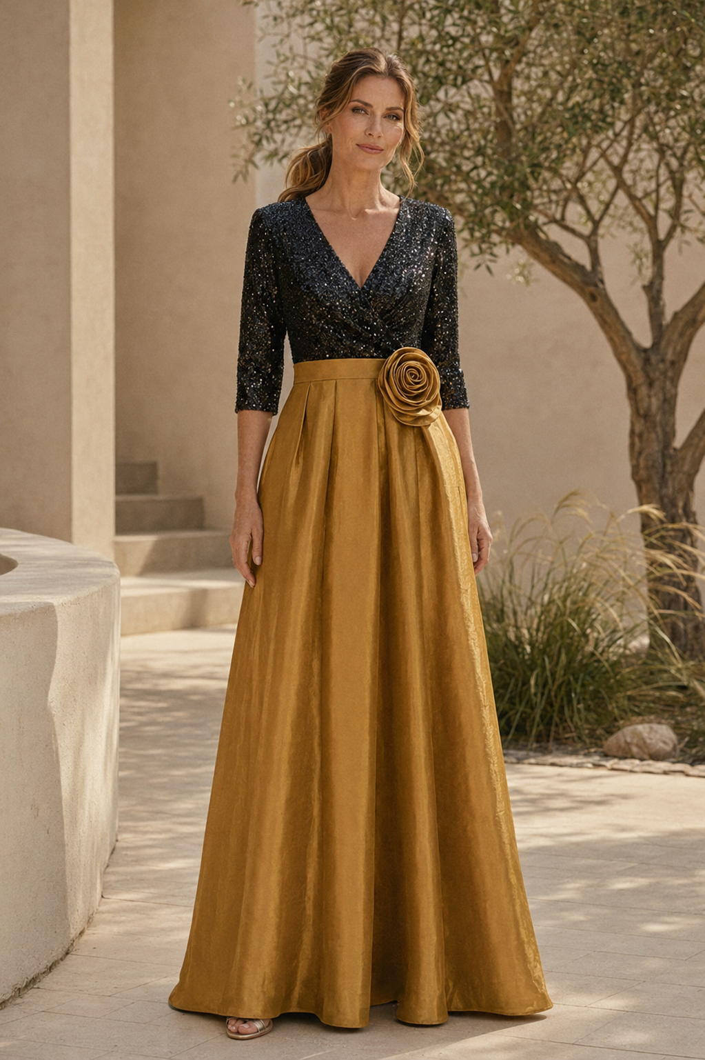 Vestido de gala de línea A con manga 3/4 de lentejuelas y rosetón