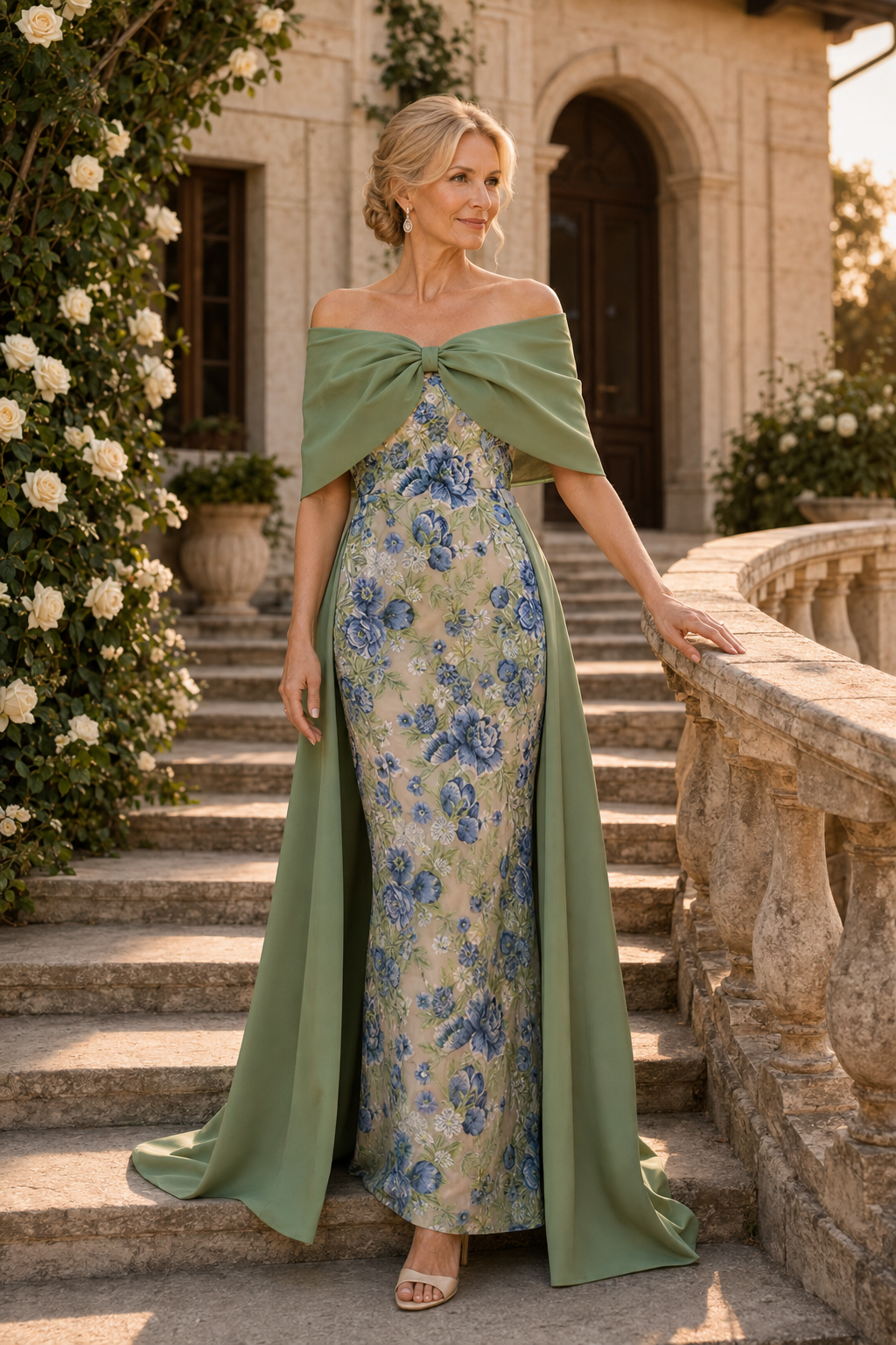Traje de noche con columna floral y cuello de capa drapeado